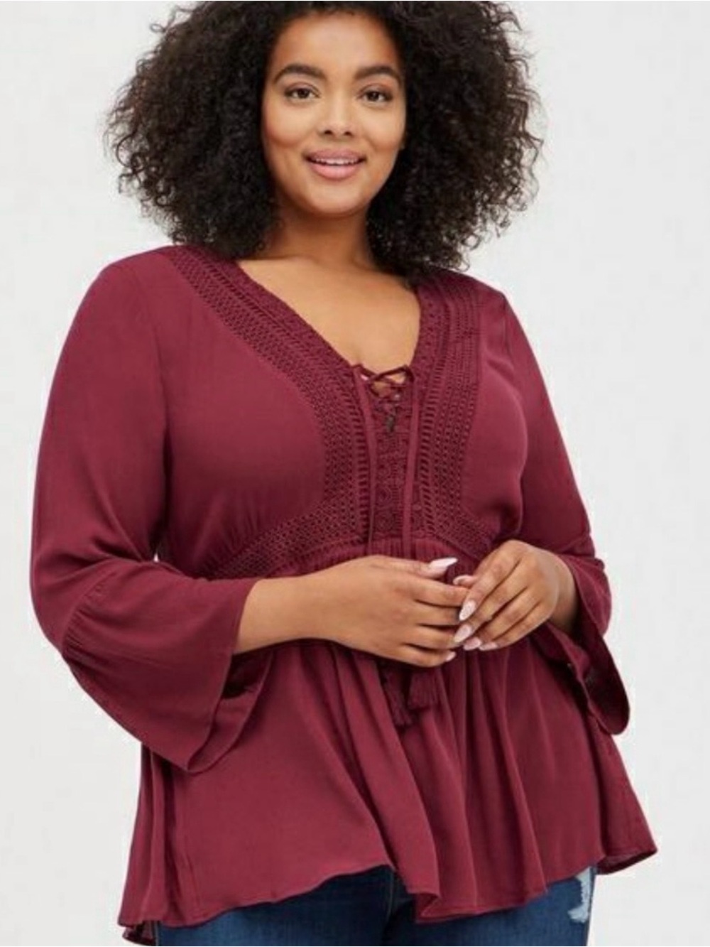 Torrid Burgundy Crochet Lace Bell Sleeve Boho Tunic Top Size 2 Romantic Peasant